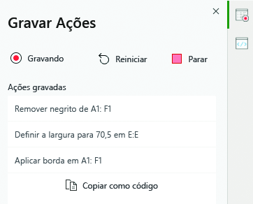 Uma lista de ações gravadas pelo gravador de ações.