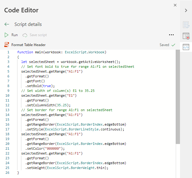 O editor de código mostrando o código de script usado neste tutorial.