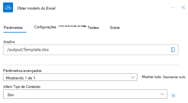 O conector do OneDrive for Business concluído no painel de tarefas de ação, renomeado para Obter modelo do Excel.