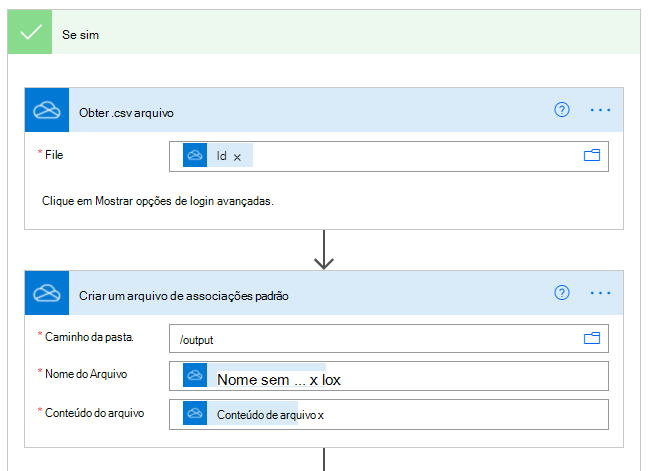 A ação Obter .csv arquivo concluída no painel de tarefas de ação.