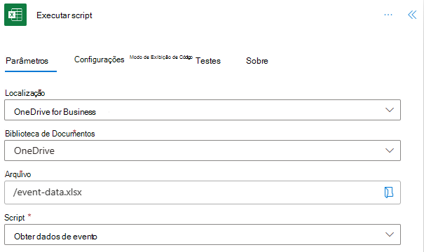 O conector do Excel Online (Business) concluído para o primeiro script no Power Automate.