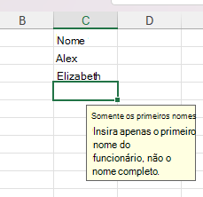 Um prompt com o título 'Somente nomes' e a mensagem 'Insira apenas o nome do funcionário, não o nome completo.' ao lado de uma planilha com alguns nomes em células.