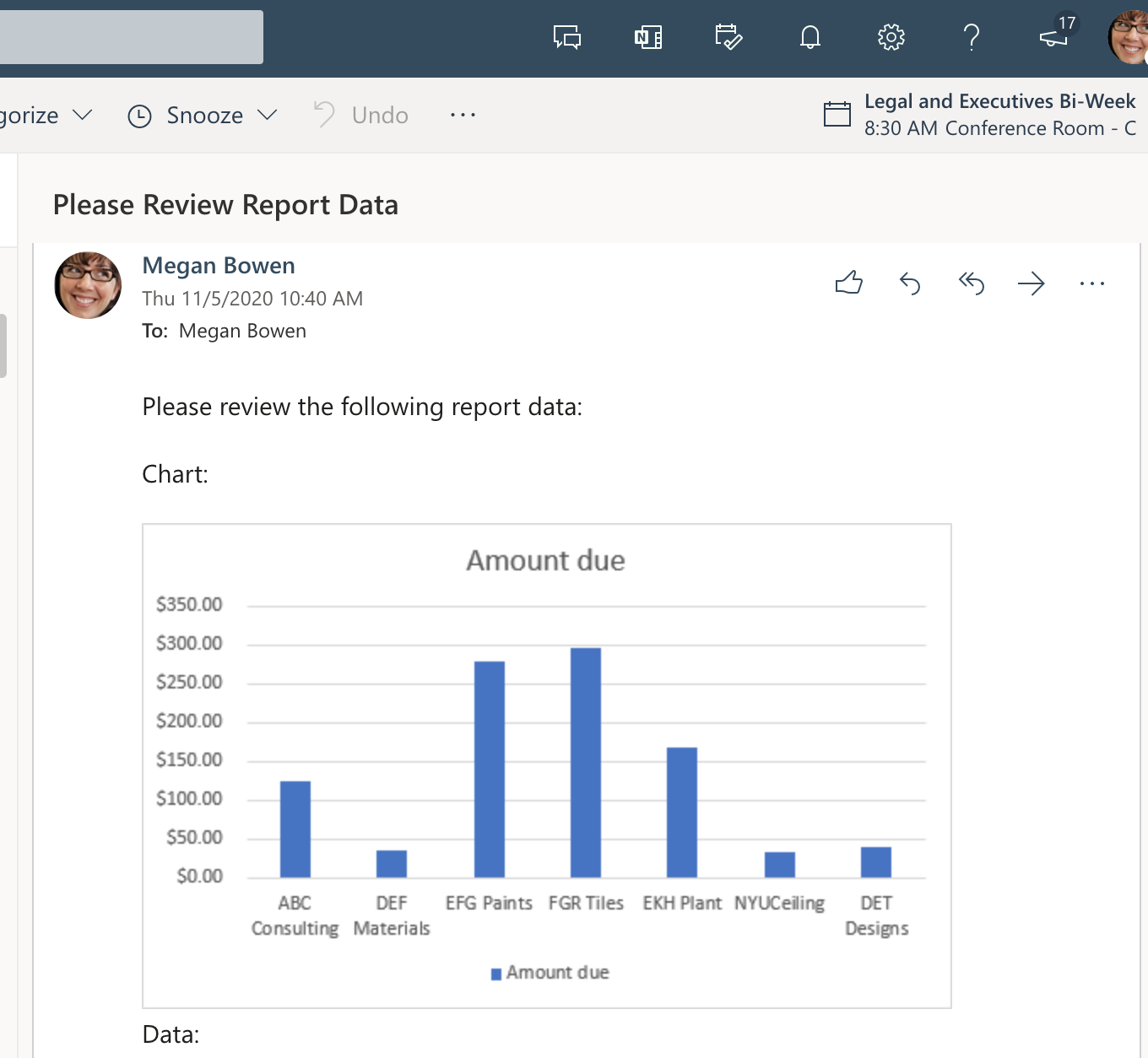 O email enviado pelo fluxo mostrando o gráfico do Excel embutido no corpo.