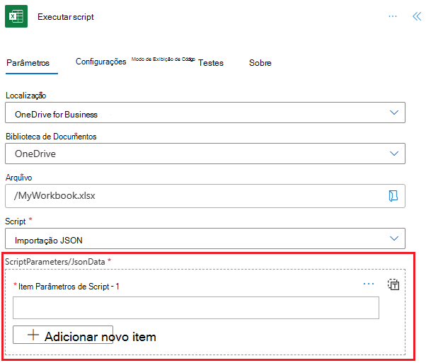 Um conector do Excel Online (Business) mostrando uma ação Executar script com o parâmetro jsonData.