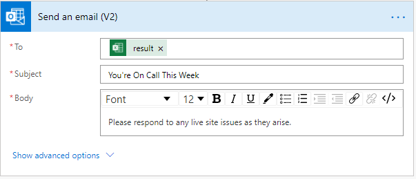 O painel de tarefas de seleção de ação mostrando as ações para o conector do Outlook do Office 365. A ação Enviar um email (V2) é realçada.