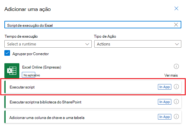 O painel de tarefas de seleção de ação mostrando ações para o conector do Excel Online (Business). A ação Executar script é realçada.