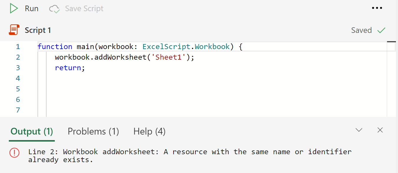O console do editor de código exibindo um erro da chamada 'addWorksheet'.