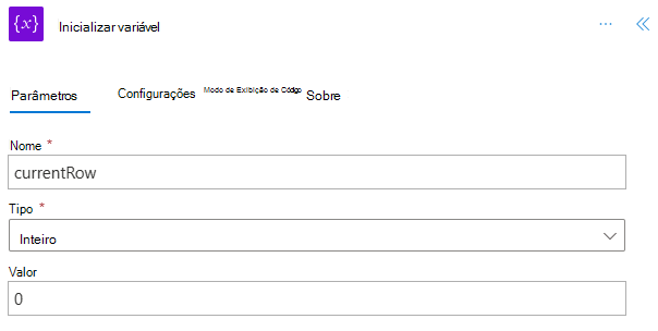 A etapa 'Initialize variable' concluída para o 'currentRow'.