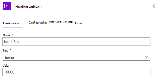 A etapa 'Inicializar variável' concluída para o 'batchSize'.