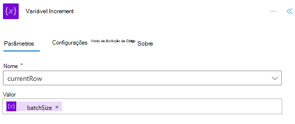 A etapa 'Incrementar variável' concluída para a 'currentRow'.