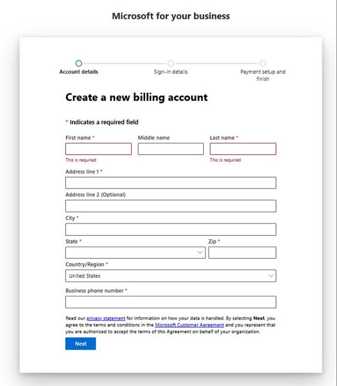 Criar um assistente de conta de cobrança mostrando detalhes da conta, detalhes de entrada e etapas de configuração de pagamento