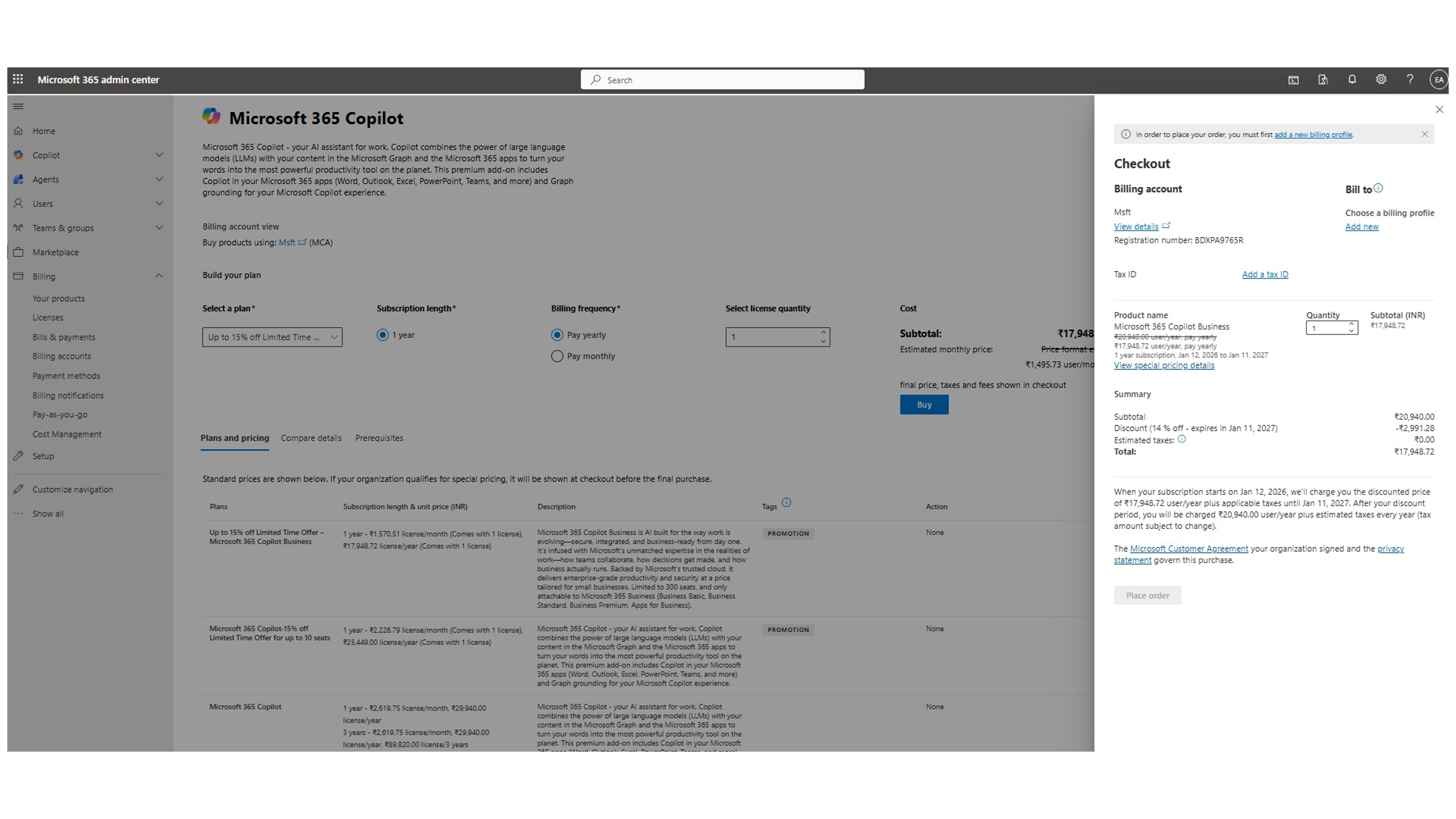 Criar perfil de cobrança para finalizar a compra
