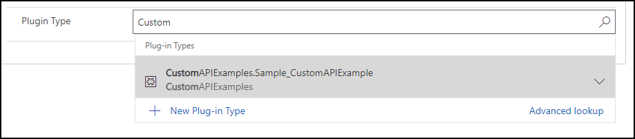 Captura de tela da pesquisa usada para definir o tipo de plug-in de API personalizado.