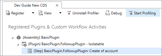 Captura de tela de uma etapa de plug-in selecionada na Ferramenta de Registro de Plug-in com o comando Iniciar Criação de Perfil disponível.