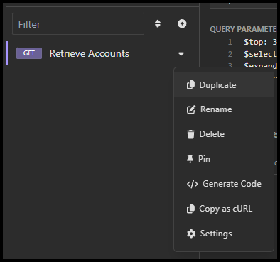 Captura de tela do menu suspenso com a opção Duplicar para uma solicitação no Insomnia.