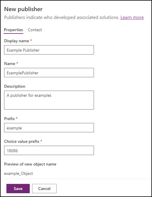 Formulário para criar um novo editor com informações para o Example Publisher