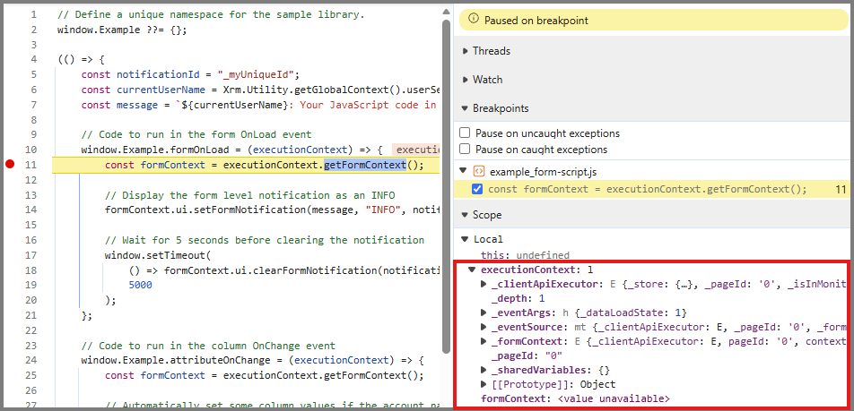Captura de tela do painel Escopo de DevTools mostrando valores executionContext e formContext.
