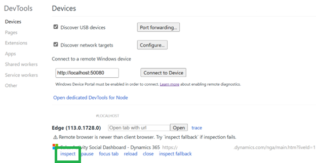 Captura de tela da página de inspeção do Microsoft Edge DevTools mostrando opções de conexão de dispositivo Windows remoto.