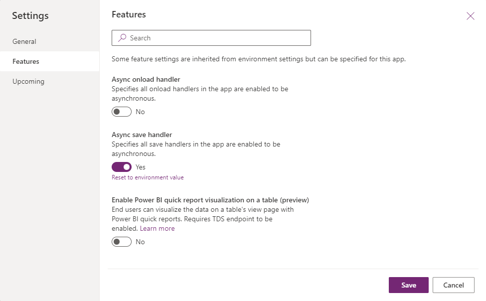 Configuração do aplicativo Async OnSave NoSave
