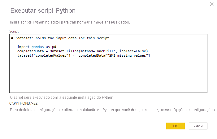 Captura de tela da caixa de diálogo Executar Script Python, mostrando o código do script.