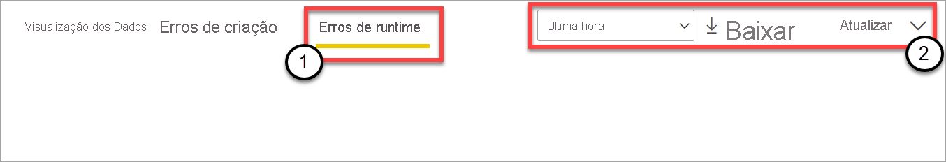 Captura de tela que mostra a guia de erros de tempo de execução, juntamente com opções para filtrar, baixar e atualizar.