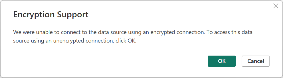 Captura de tela do aviso de suporte à criptografia de banco de dados do SQL Server.