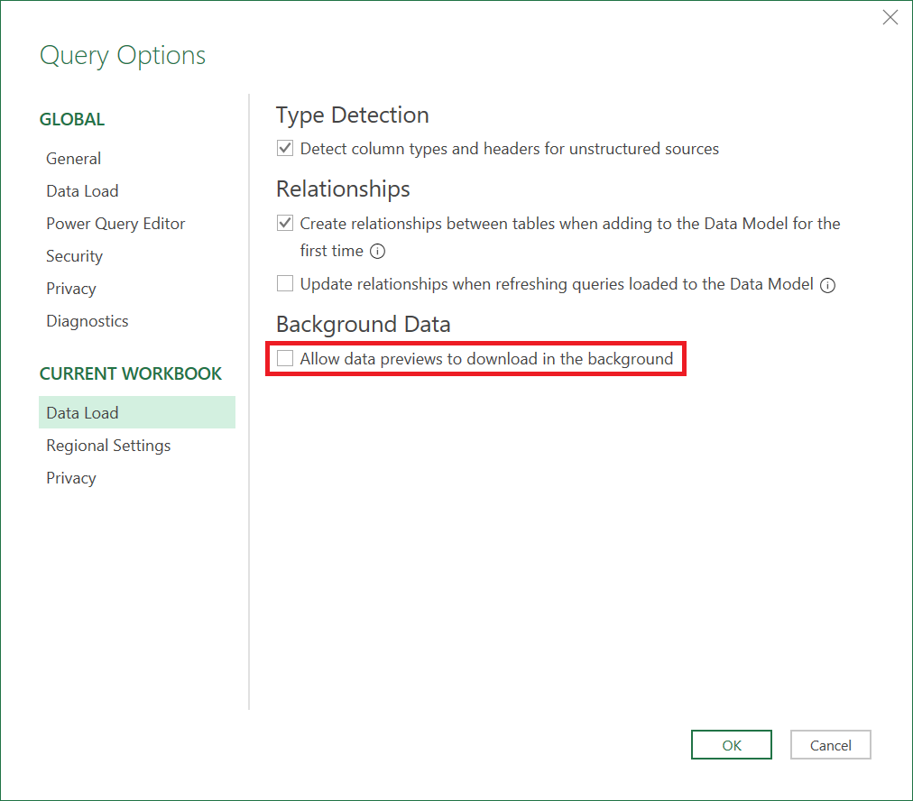 Imagem mostrando opções de consulta no Excel com a análise de plano de fundo desabilitada.