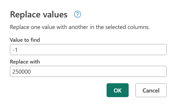 Captura de tela dos valores básicos de substituição para uma coluna não textual.