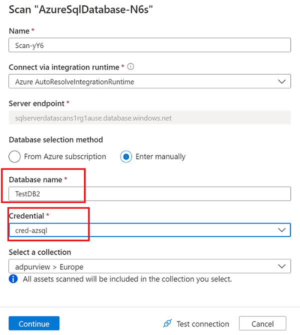 Captura de tela que mostra informações de banco de dados e credenciais para a opção de autenticação SQL executar uma verificação.
