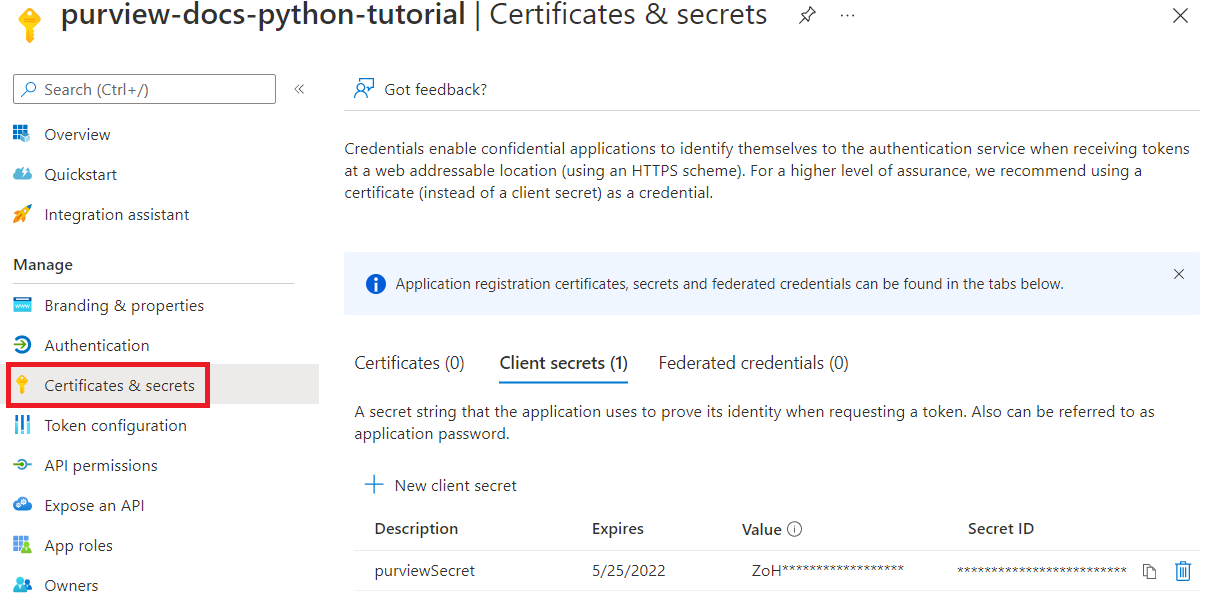 Captura de tela da página entidade de serviço no portal do Azure, com a guia Certificados & segredos selecionada, mostrando os certificados e segredos de cliente disponíveis.