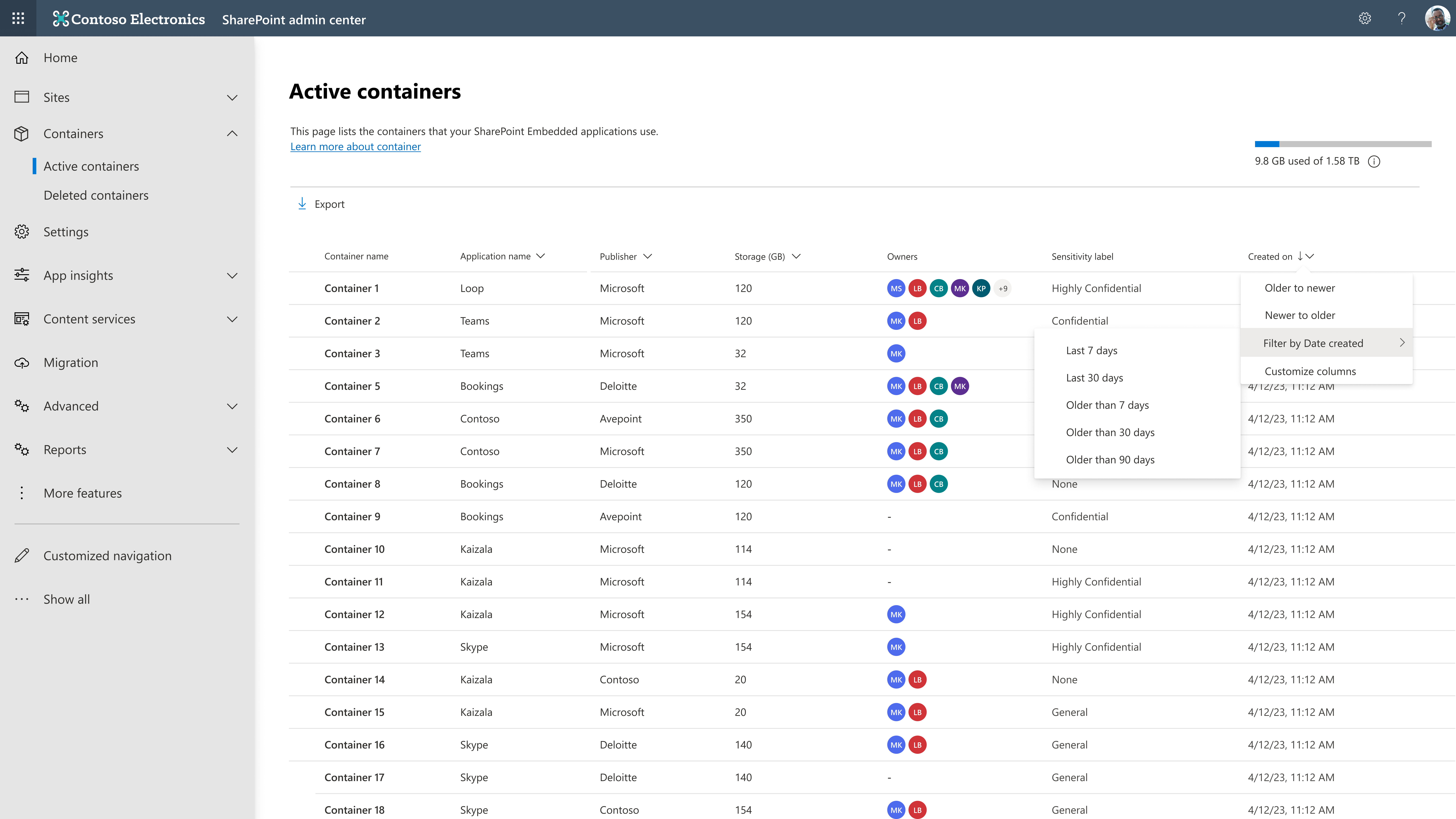 Painel de filtro da página de contêineres ativos com opções para nome do aplicativo, editor, tipo de propriedade, proprietário principal, contagem de proprietários e data de criação.