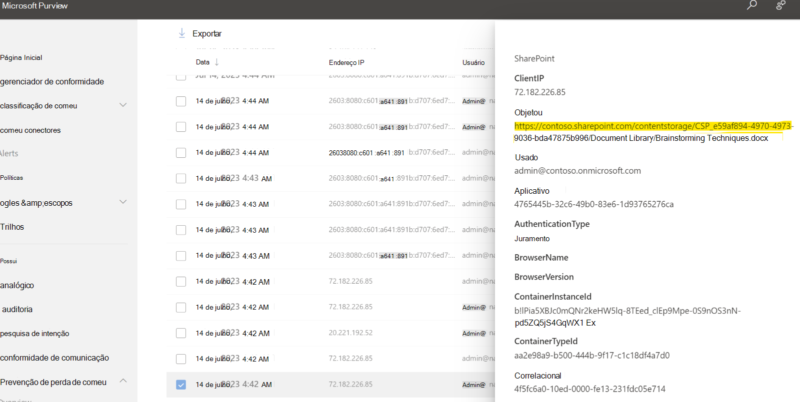 Resultados de pesquisa de auditoria do Microsoft Purview para atividades Embedded do SharePoint, incluindo os campos ContainerInstanceId e ContainerTypeId.