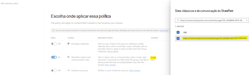 Política de retenção do Microsoft Purview com escopo para URLs de contêiner selecionadas do SharePoint Embedded.