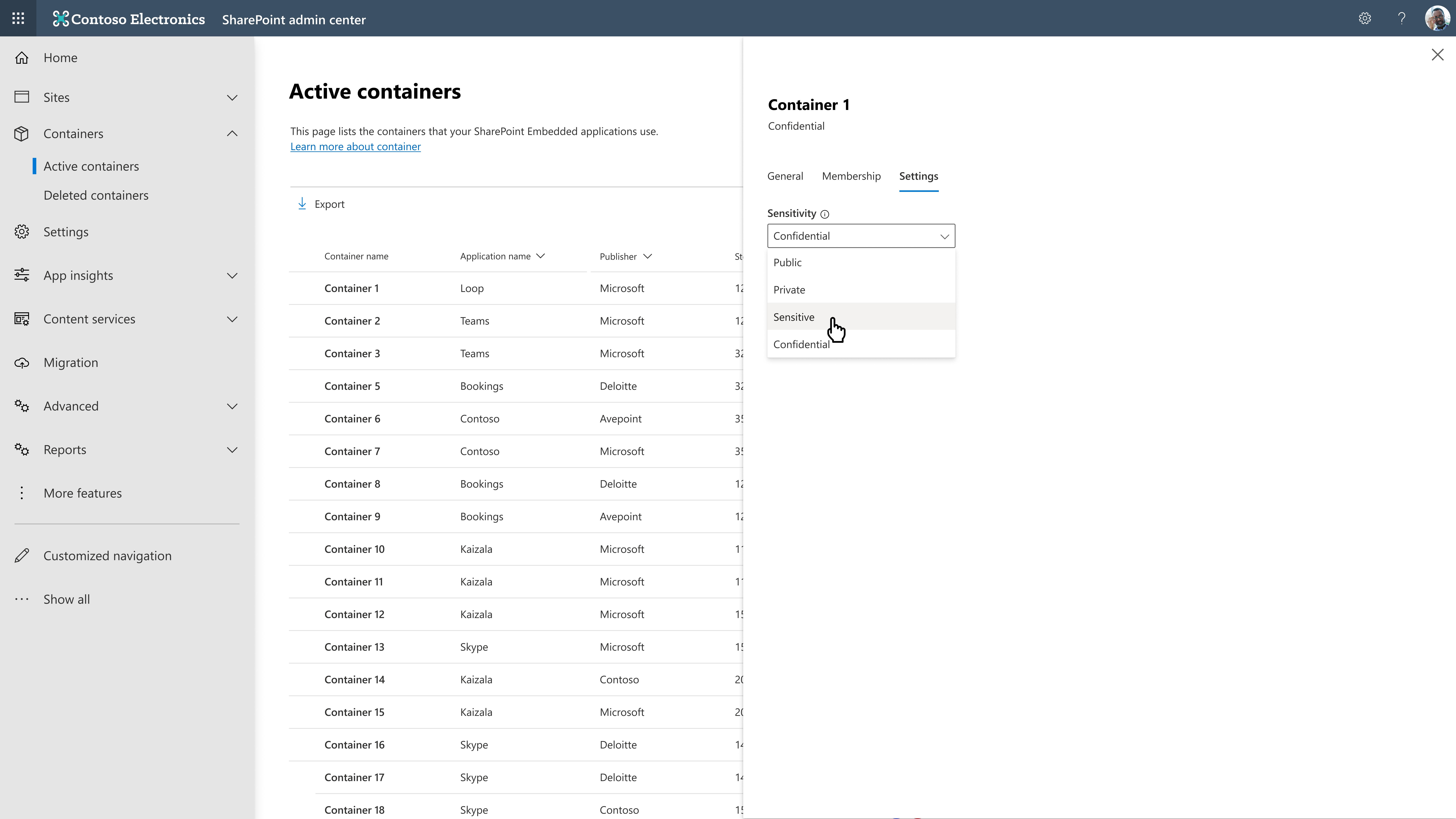 Área de configurações de detalhes do contêiner com o seletor de rótulo de confidencialidade para um contêiner ativo.