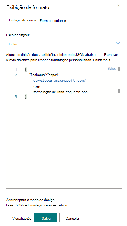 Painel de formatação de layout de lista