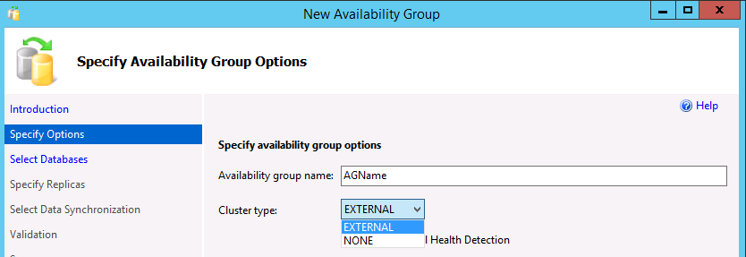 Captura de tela de Criar Grupo de Disponibilidade mostrando o tipo de cluster.