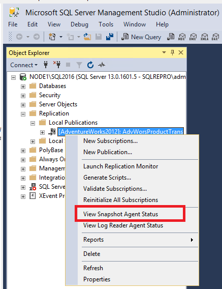 Captura de tela do comando Exibir Status do Agente de Snapshot no menu contextual.