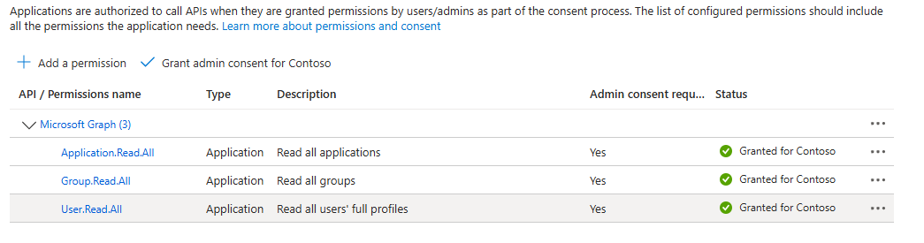 Captura de tela mostrando como conceder consentimento no portal do Azure.