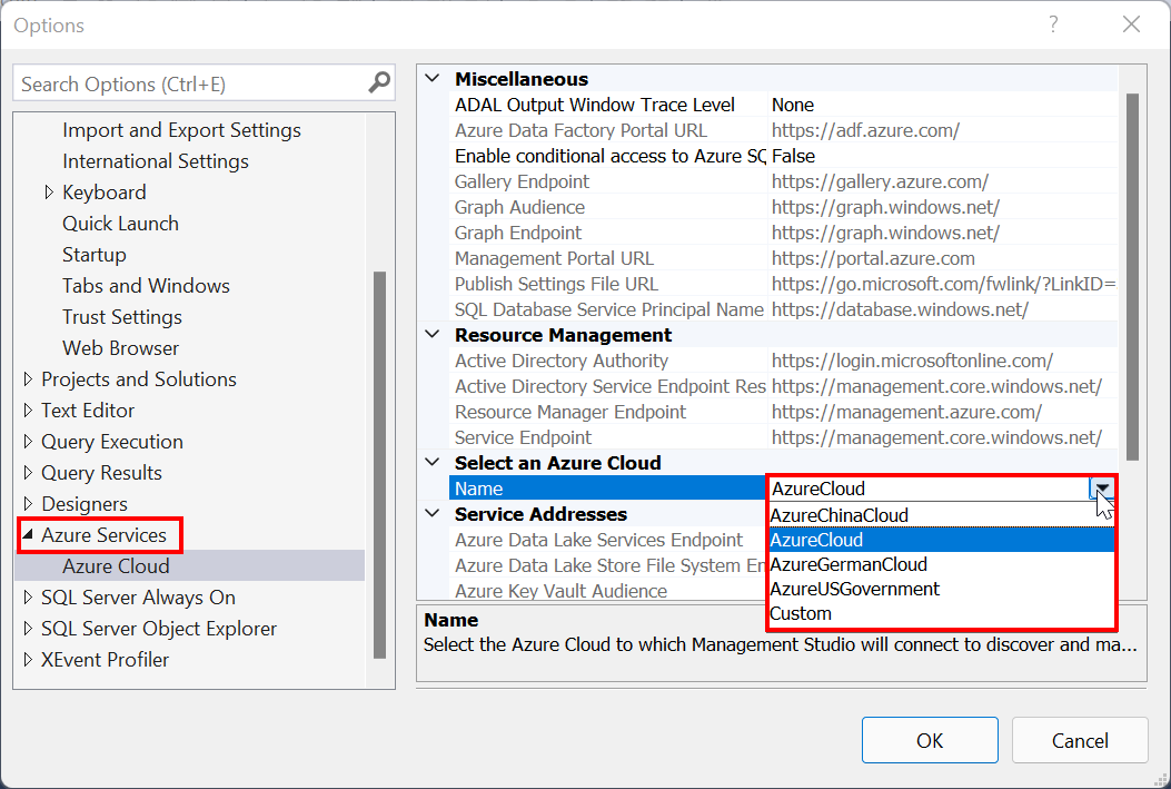 Screenshot da seleção do tipo de nuvem Azure no SSMS