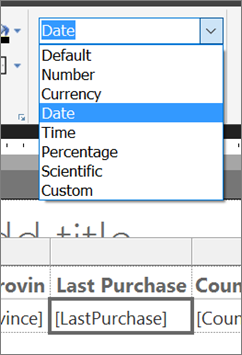 Captura de tela que mostra como definir a coluna Última Compra para Data.