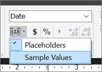 Captura de tela que mostra a opção Valores de Exemplo no Report Builder.