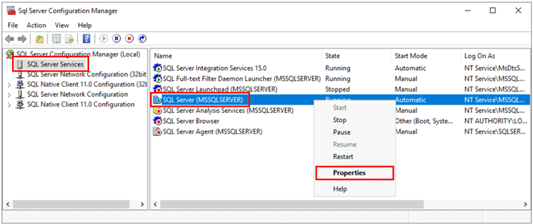 Screenshot que mostra o SQL Server Configuration Manager, com opções para abrir propriedades para o serviço.