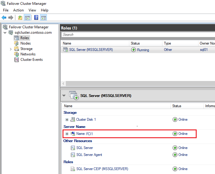 Captura de tela do nome da rede FCI no Gerenciador de Cluster de Failover.