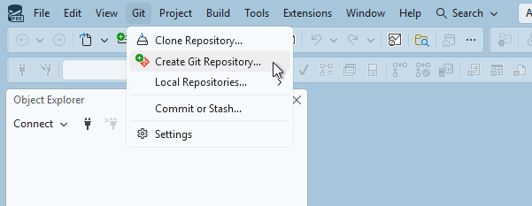 Captura de tela da opção Criar Repositório Git no menu Git no SQL Server Management Studio.