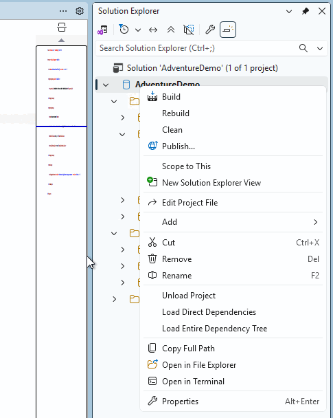 Captura de tela do Gerenciador de Soluções no SQL Server Management Studio com a opção Build disponível.