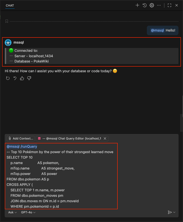 Captura de tela mostrando o comando de barra /runQuery com SQL para Pokémon avançado.