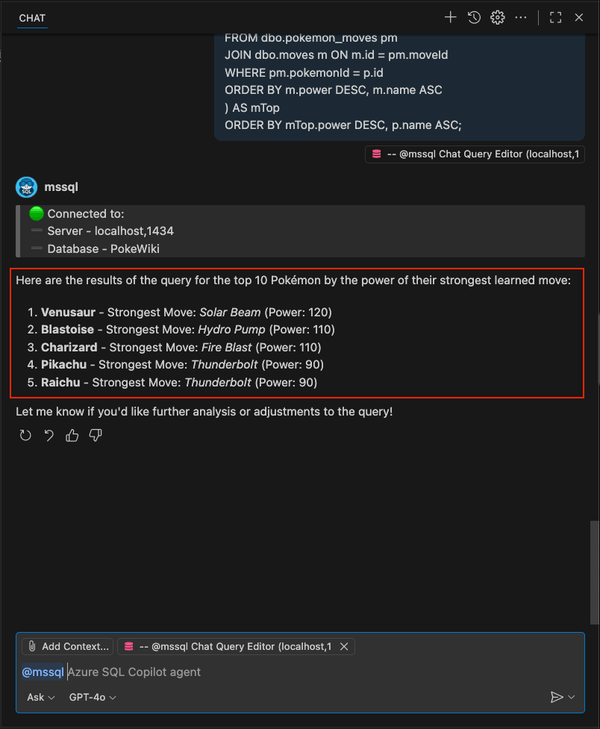 Captura de tela mostrando os resultados do comando de barra /runQuery para os principais Pokémon poderosos.