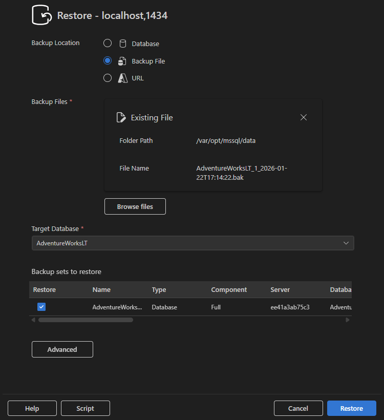 Captura de tela da caixa de diálogo Restaurar com a opção Arquivo de Backup selecionada.