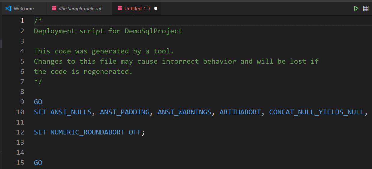 Captura de tela do script de implantação gerado aberto para revisão no editor.