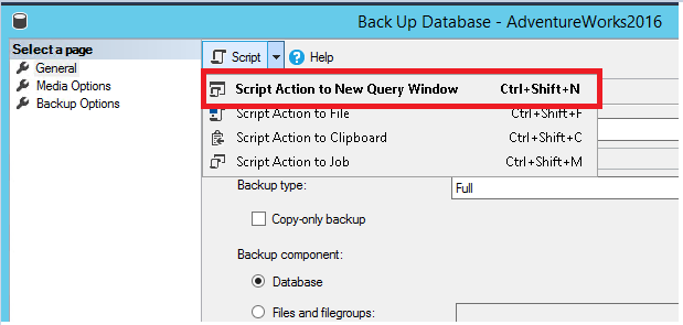 Captura de tela do backup do banco de dados script– ação de script.